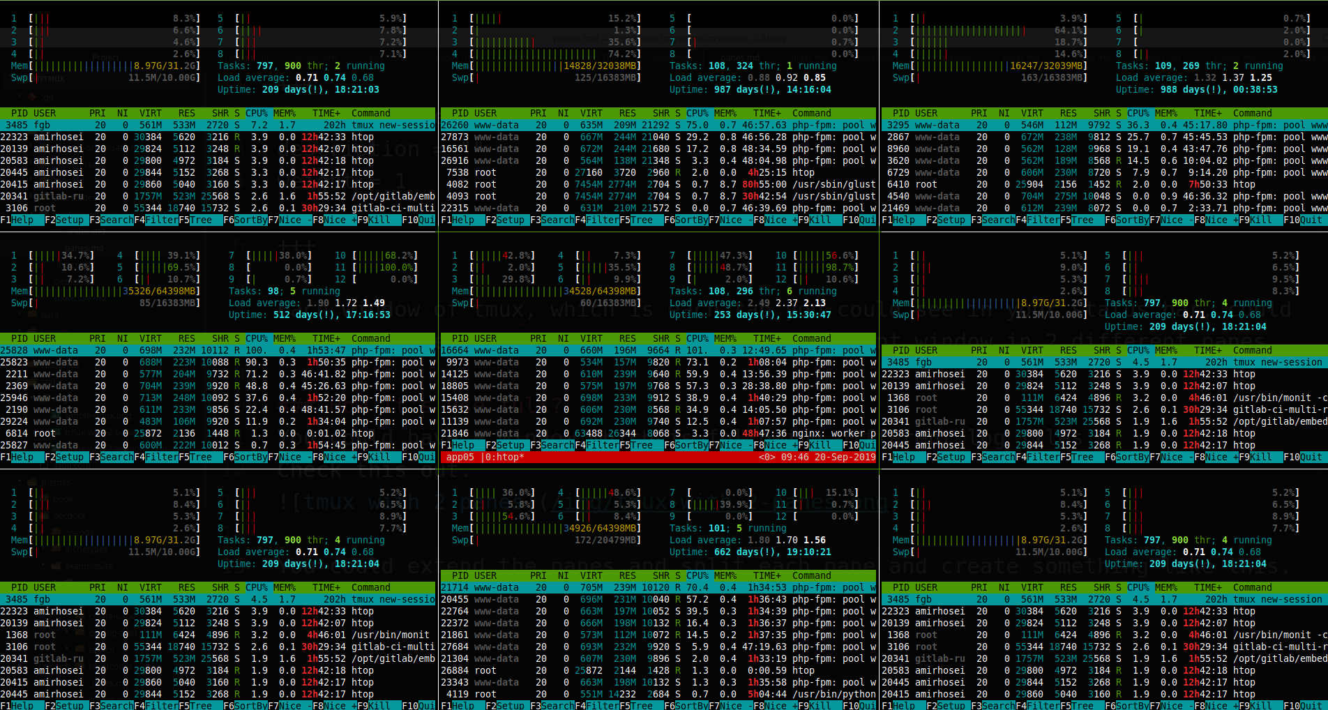 tmux with multiple panes